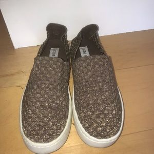 metallic woven slip ons